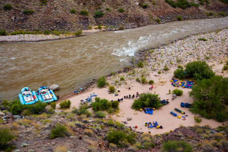Overview of a Grand Canyon rafting camp
