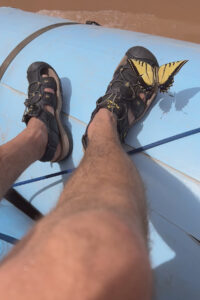 A butterfly rests on a pair of river sandals.
